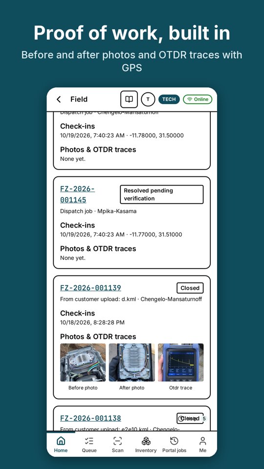 Job history with before, after and OTDR photos
