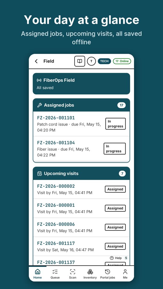 FiberOps Field home screen with assigned jobs